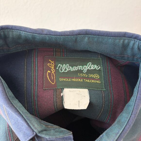 Vintage Gold Wrangler Shirt M 15.5-34 Stripe Western Korea Single Needle Cotton - Picture 4 of 6